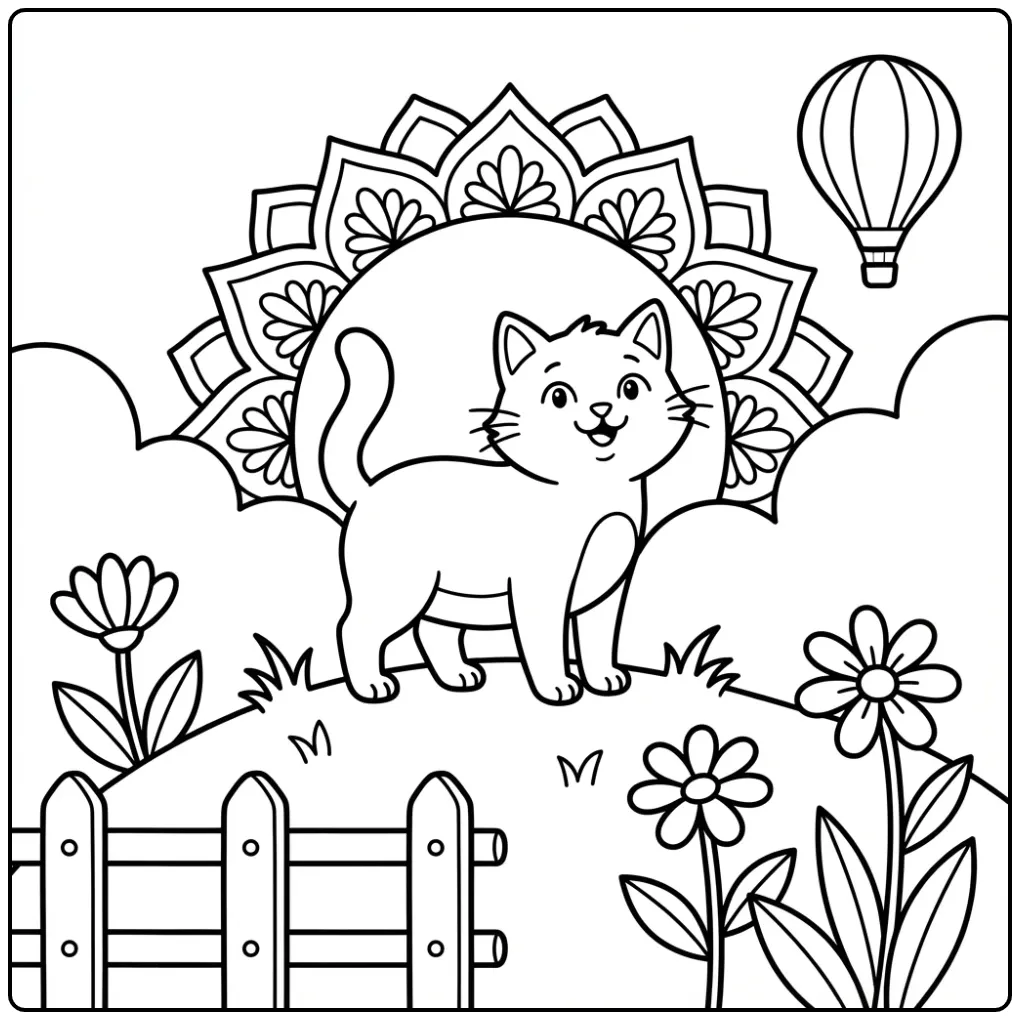 Mandala Cat coloring page outdoors with sun and flowers
