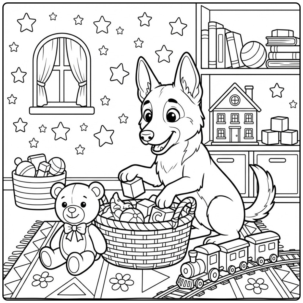 Belgian Malinois Cleaning Up Toys coloring page
