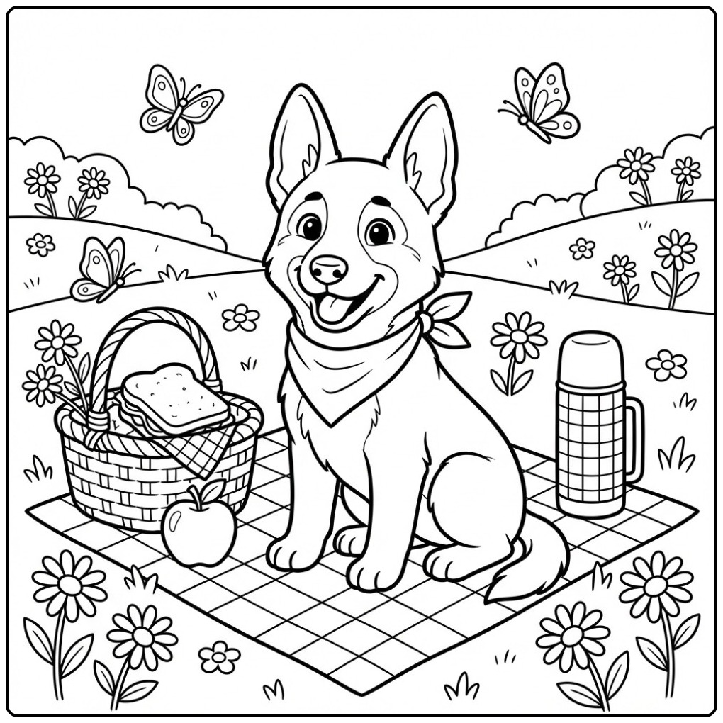 Belgian Malinois Puppy at a Picnic coloring page