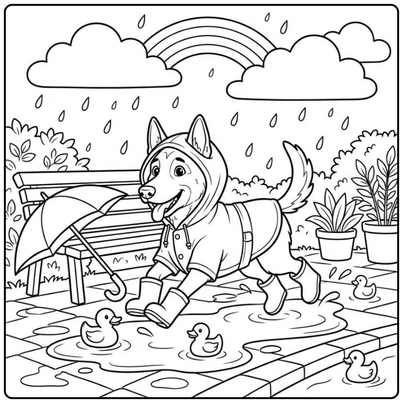 Belgian Malinois in a Raincoat Jumping Over Puddles coloring page