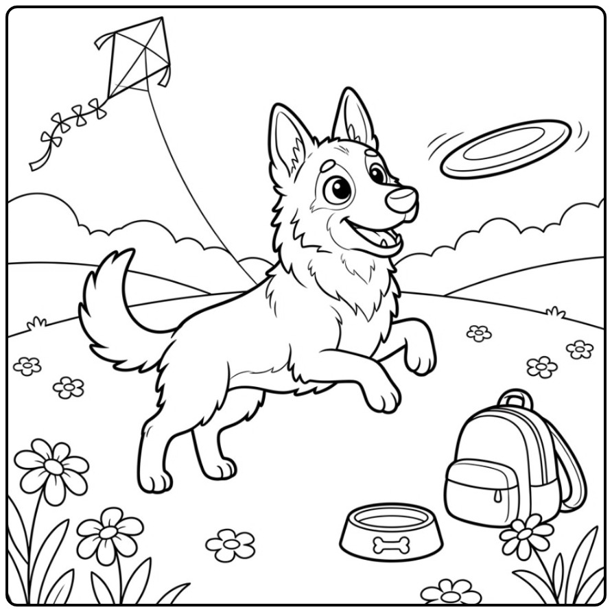 Belgian Malinois Catching a Frisbee in a Meadow coloring page