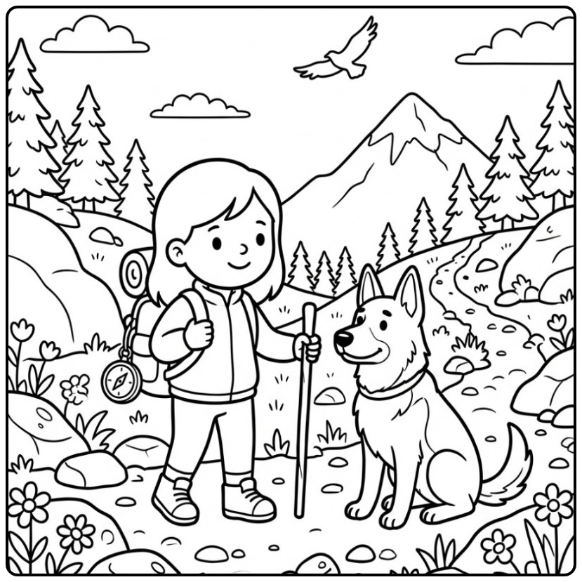 Girl Hiking with a German Shepherd coloring page