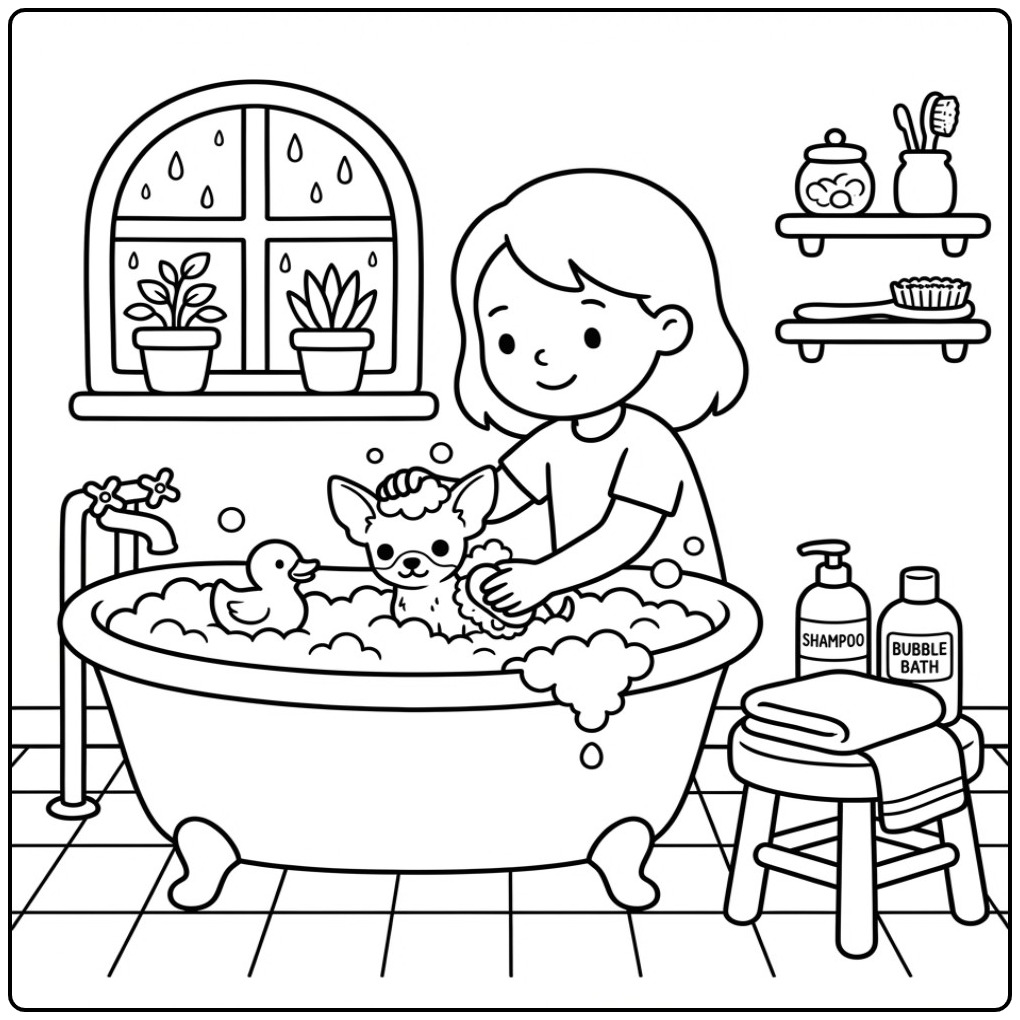 Girl Bathing a Chihuahua coloring page