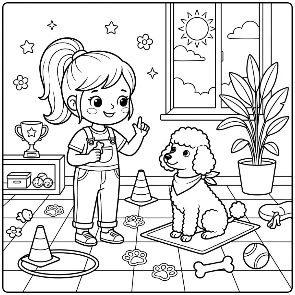 Girl Teaching a Poodle a Trick coloring page