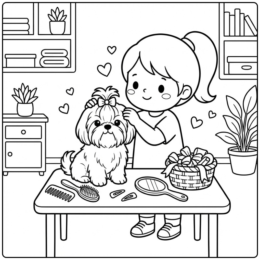 Girl Grooming a Shih Tzu in a Small Salon coloring page