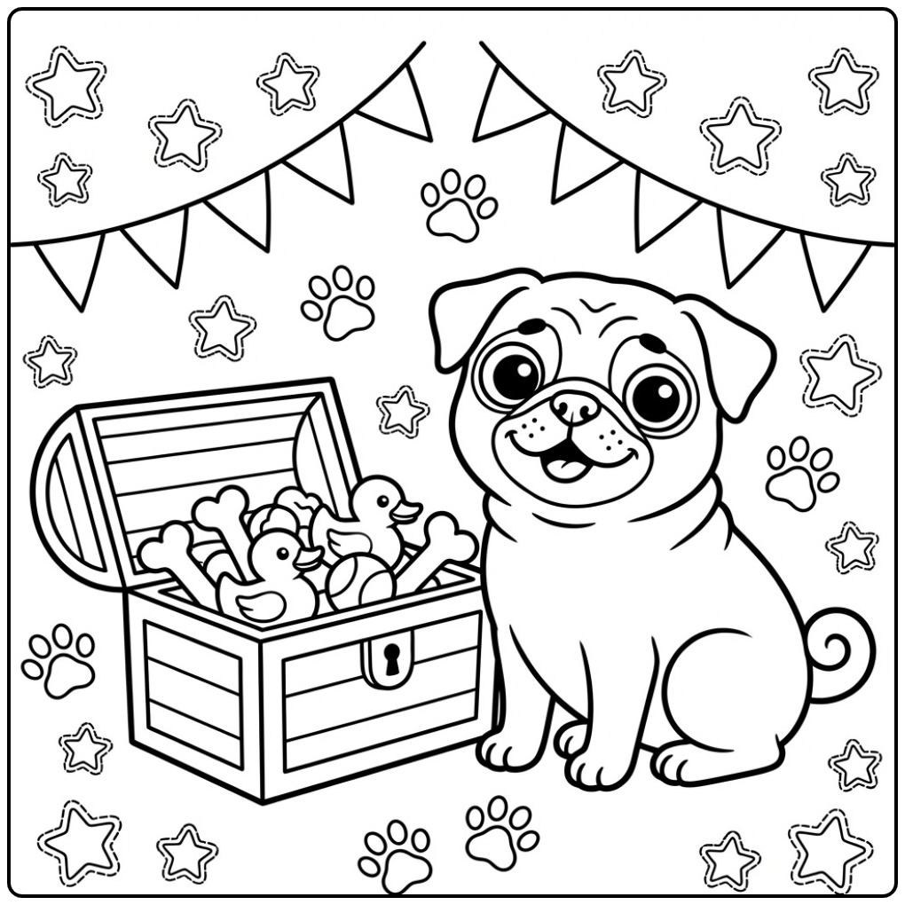 Cheerful Pug and a Big Toy Box coloring page