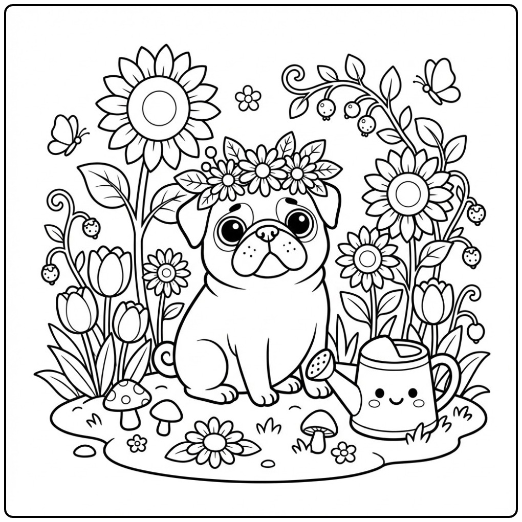 Cheerful Pug in a Beautiful Flower Garden coloring page