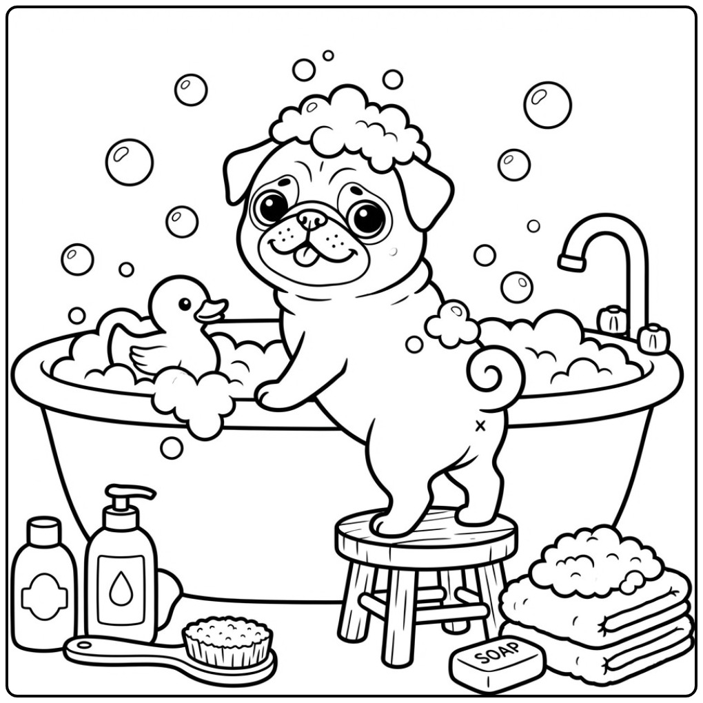 Cheerful Pug in Bubble Bath with a Duckling coloring page