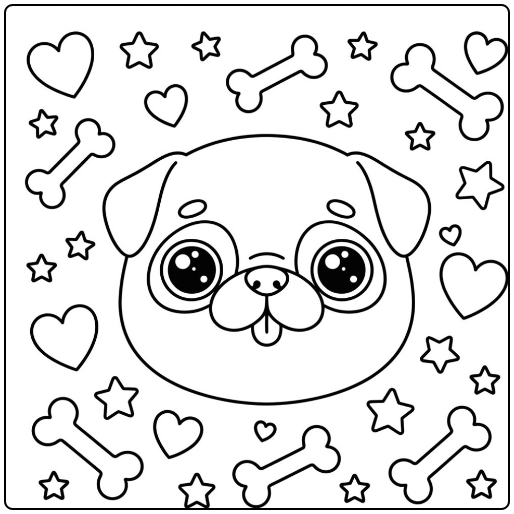 Cheerful Pug with Stars and Love coloring page