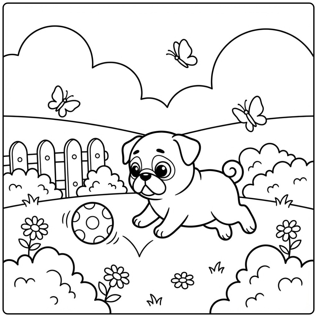 Cheerful Pug Puppy with Beautiful Butterflies coloring page