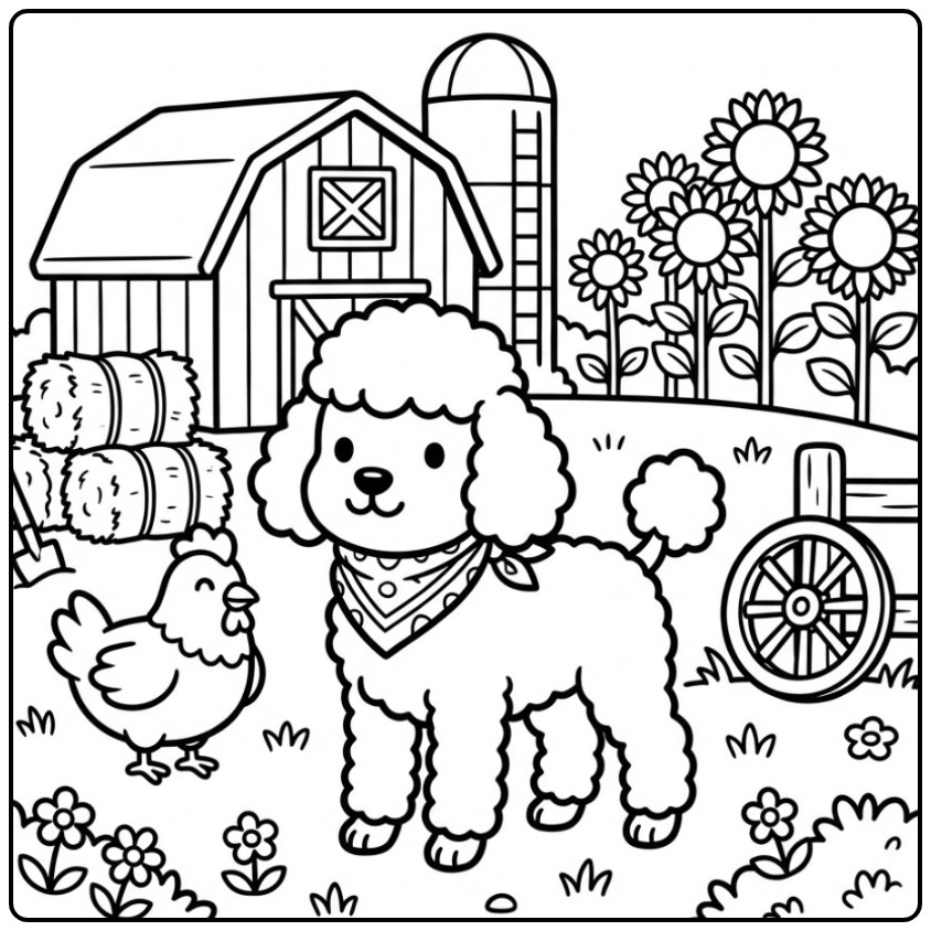 Cheerful Poodle with the Barn and Sunflowers coloring page