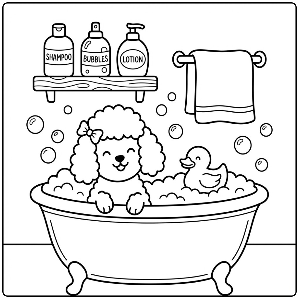Cheerful Poodle in a Lovely Bubble Bath coloring page
