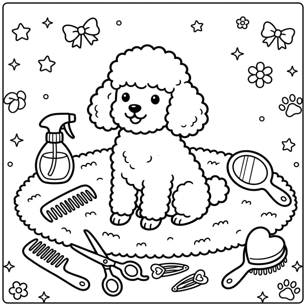 Cheerful Poodle in a Grooming Salon for Children coloring page