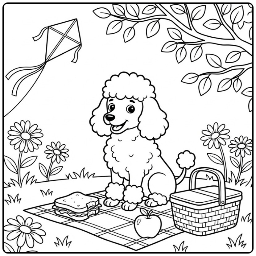 Cheerful Poodle with a Kite and Picnic Basket coloring page
