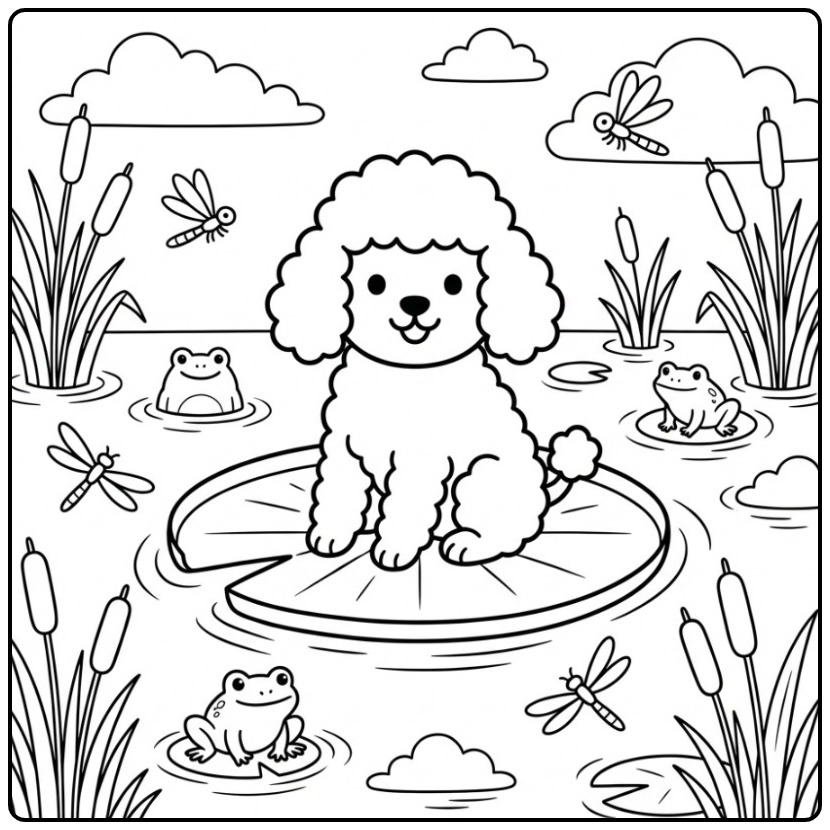 Cheerful Poodle with Frogs and Dragonflies coloring page