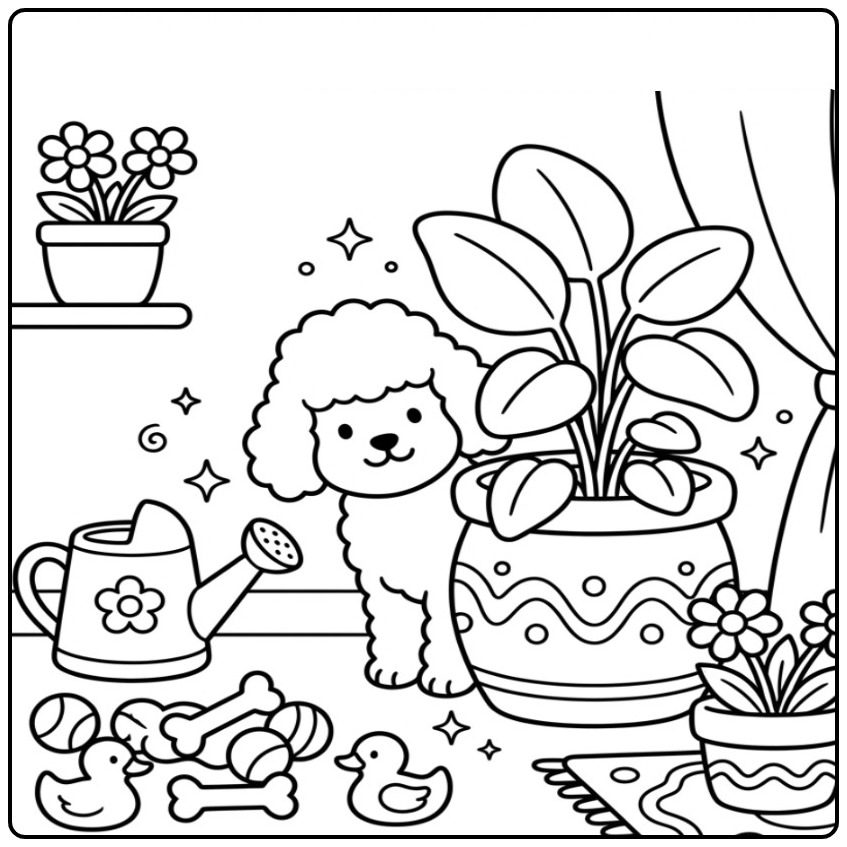 Cheerful Poodle with Plants and Toys coloring page