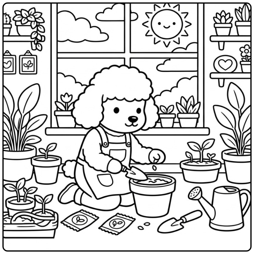 Cheerful Poodle Plant Seeds with the Sunny Window coloring page