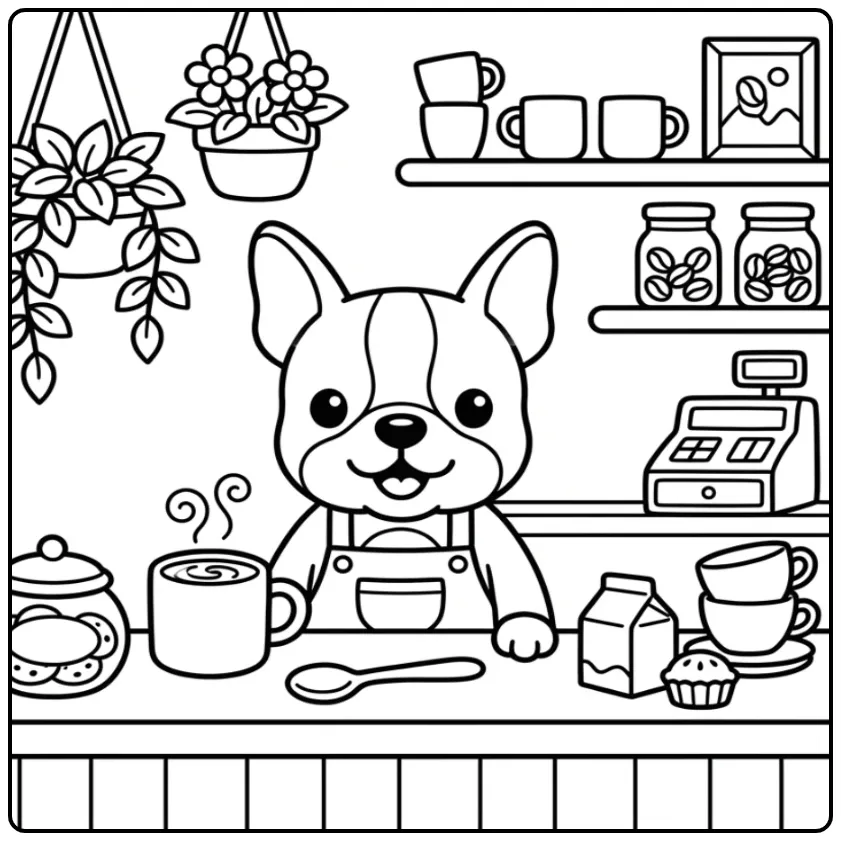 Cheerful Puppy Barista Behind the Counter coloring page