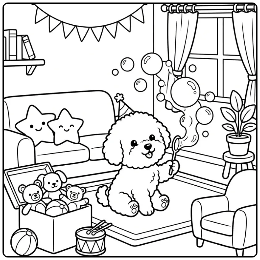 Cheerful Bichon Frise Puppy Blowing Bubbles coloring page