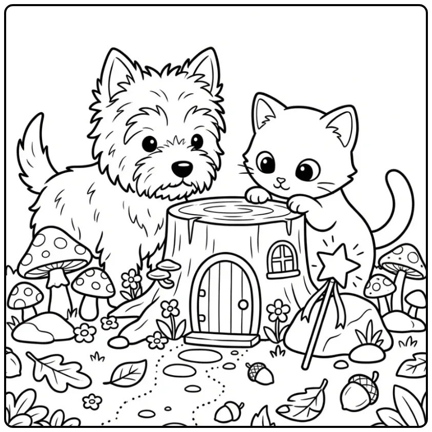 Cairn Terrier Puppy and Kitten in a Magical Fairy Garden coloring page