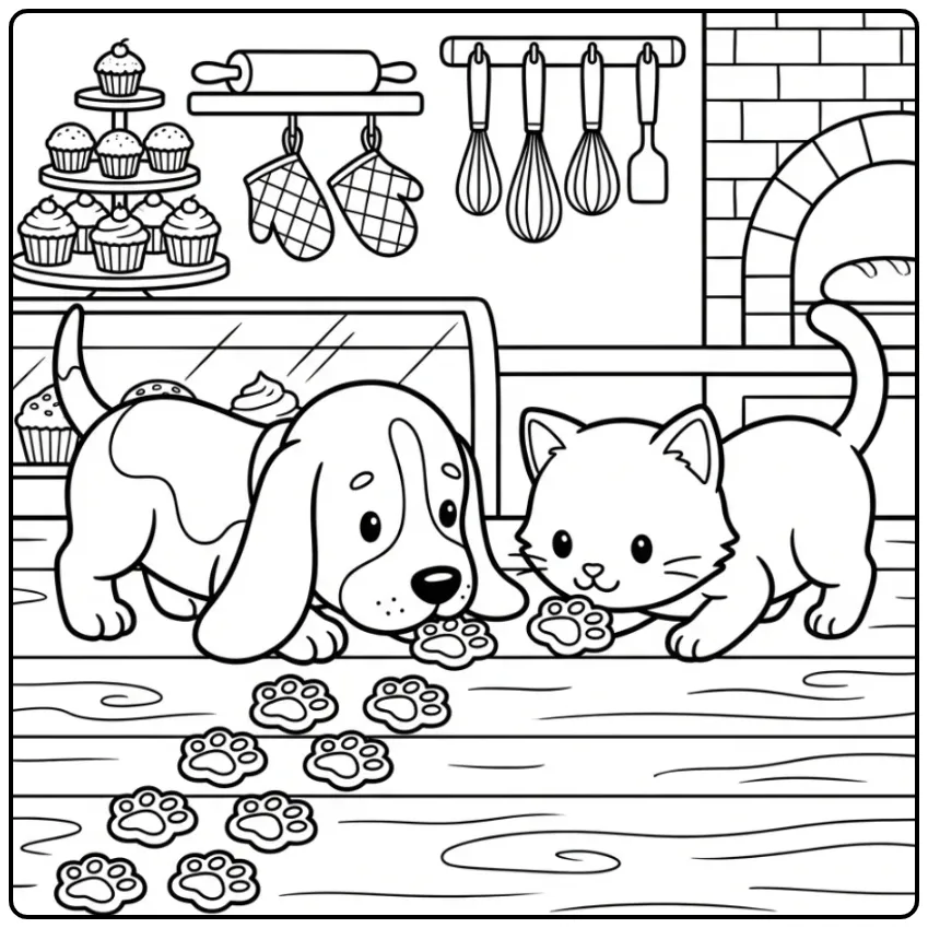 Basset Hound Puppy and Kitten in a Bakery coloring page