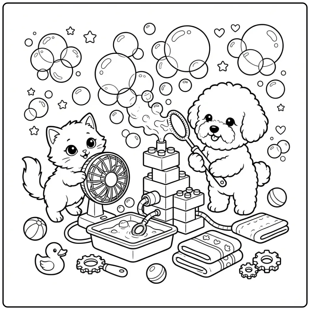 Bichon Frise Puppy and Kitten Making a Bubble Machine coloring page