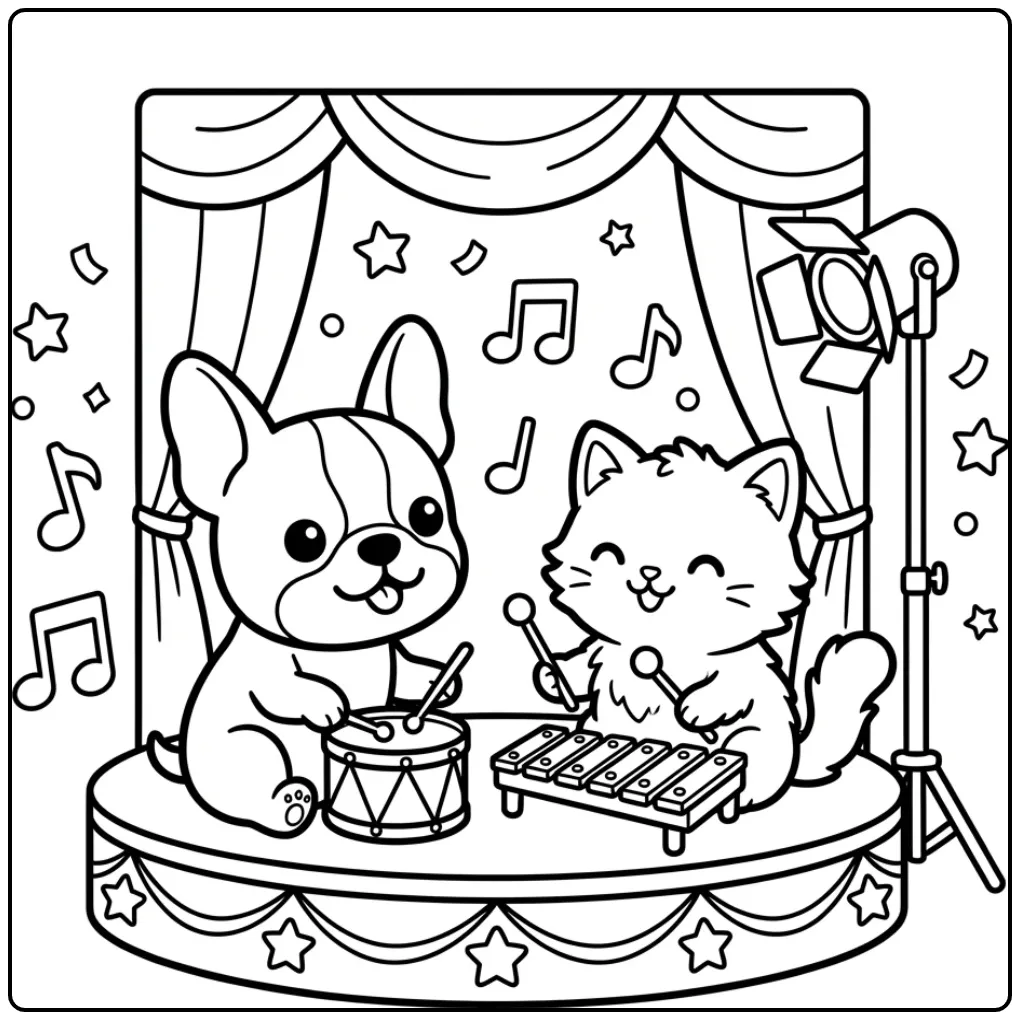 Boston Terrier Puppy and Kitten Playing Music coloring page