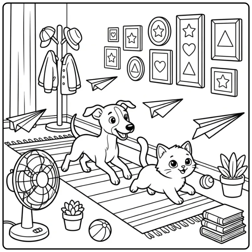 Whippet Puppy and Kitten Racing Paper Airplanes coloring page