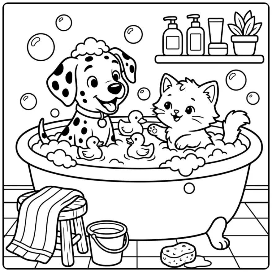 Dalmatian Puppy and Kitten Playing with Bath Ducks coloring page