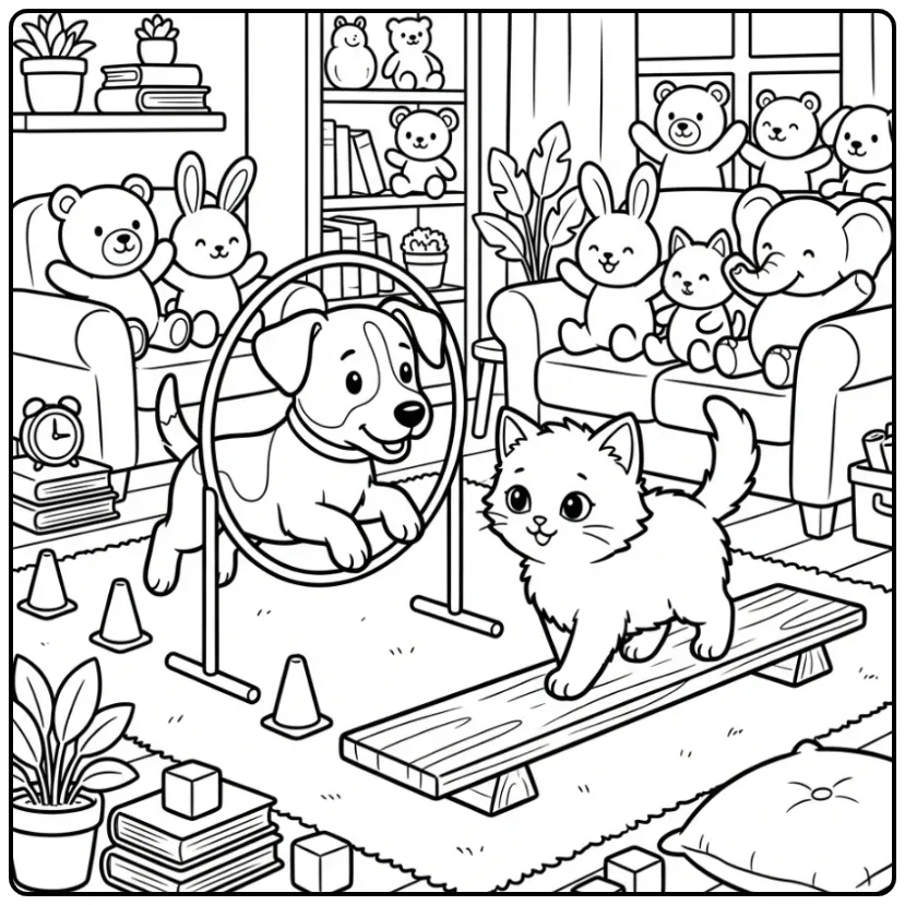 Jack Russell Puppy and Kitten on an Obstacle Course coloring page
