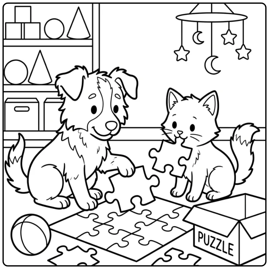 Border Collie Puppy and Kitten Working on a Puzzle coloring page