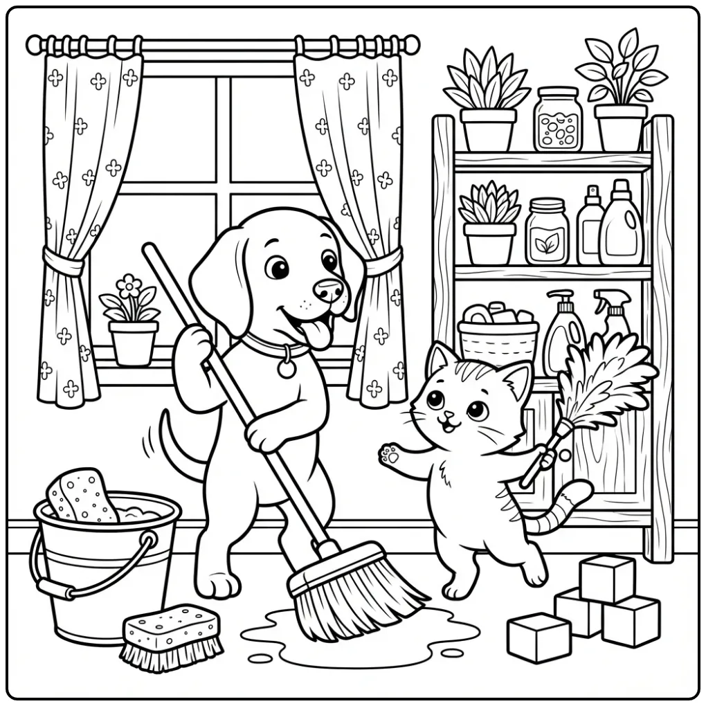Vizsla Puppy and Kitten Doing Spring Cleaning coloring page