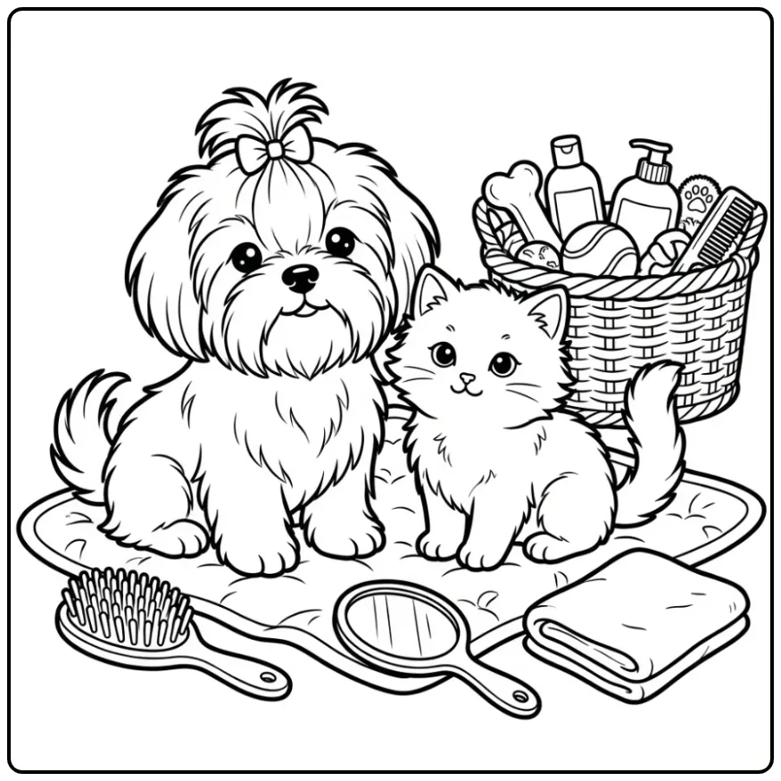 Shih Tzu Puppy and Kitten on Grooming Day coloring page