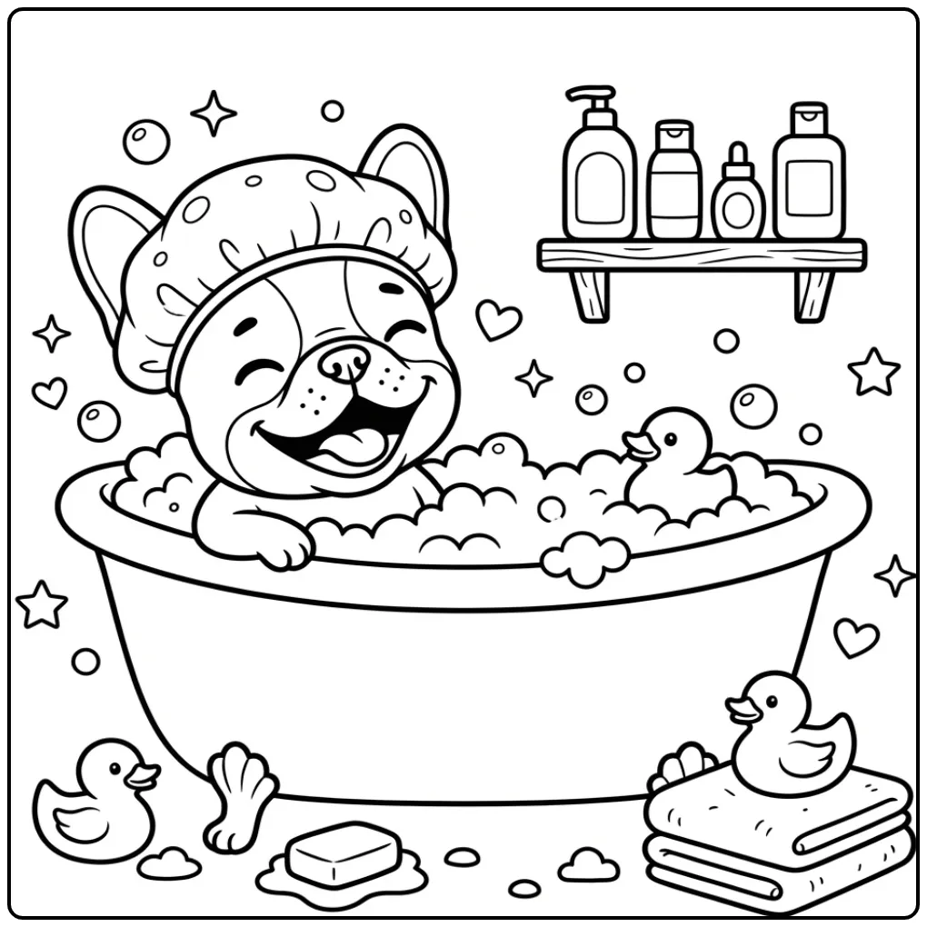 Cheerful French Bulldog Puppy in a Bathtub coloring page