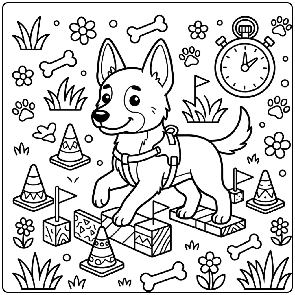 Cheerful Belgian Malinois Puppy Running Over Obstacles coloring page