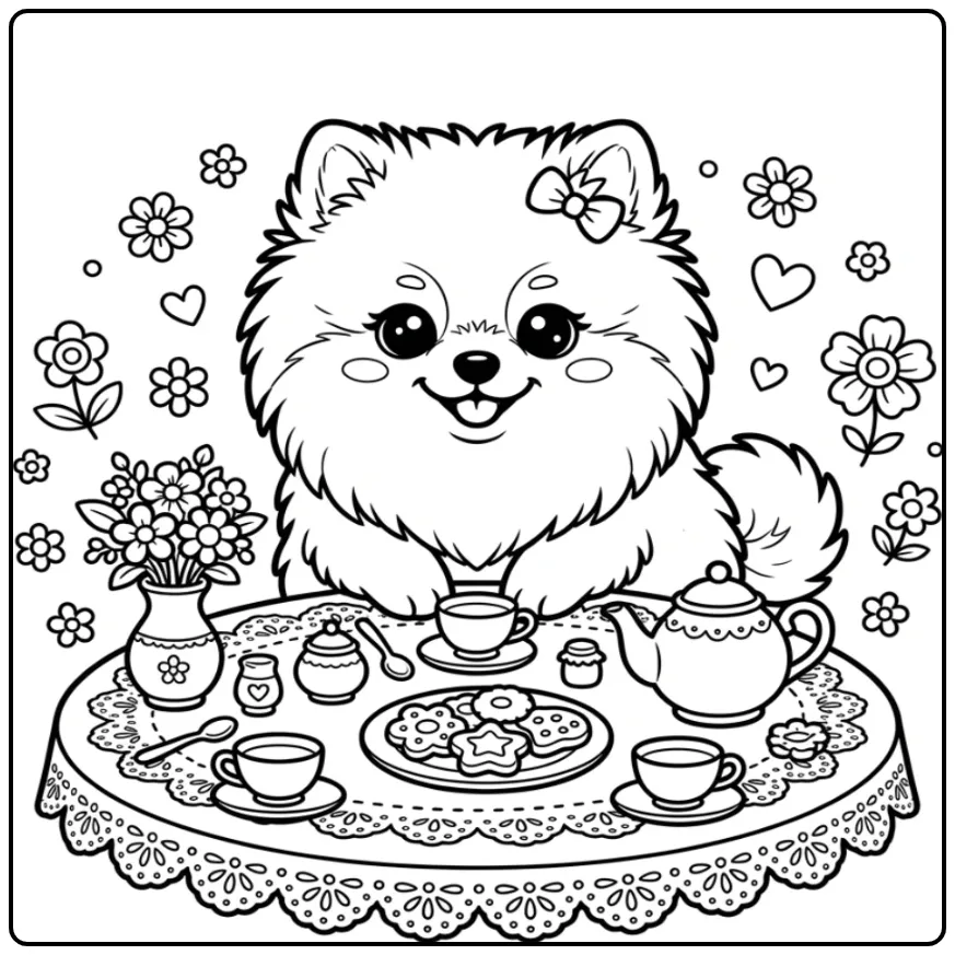 Cheerful Puppy at a Tea Party coloring page