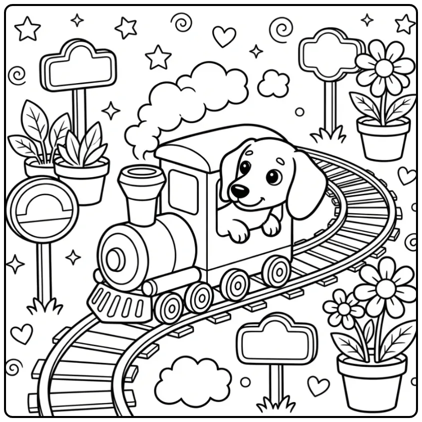 Cheerful Dachshund Puppy in a Small Steam Train coloring page