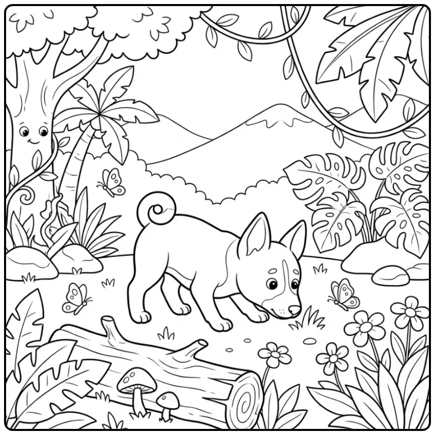 Cheerful Puppy Among Tropical Plants coloring page