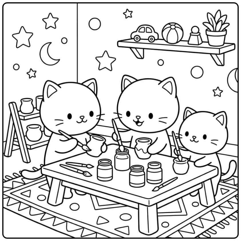 Cheerful Cute Kittens Decorating Pots coloring page