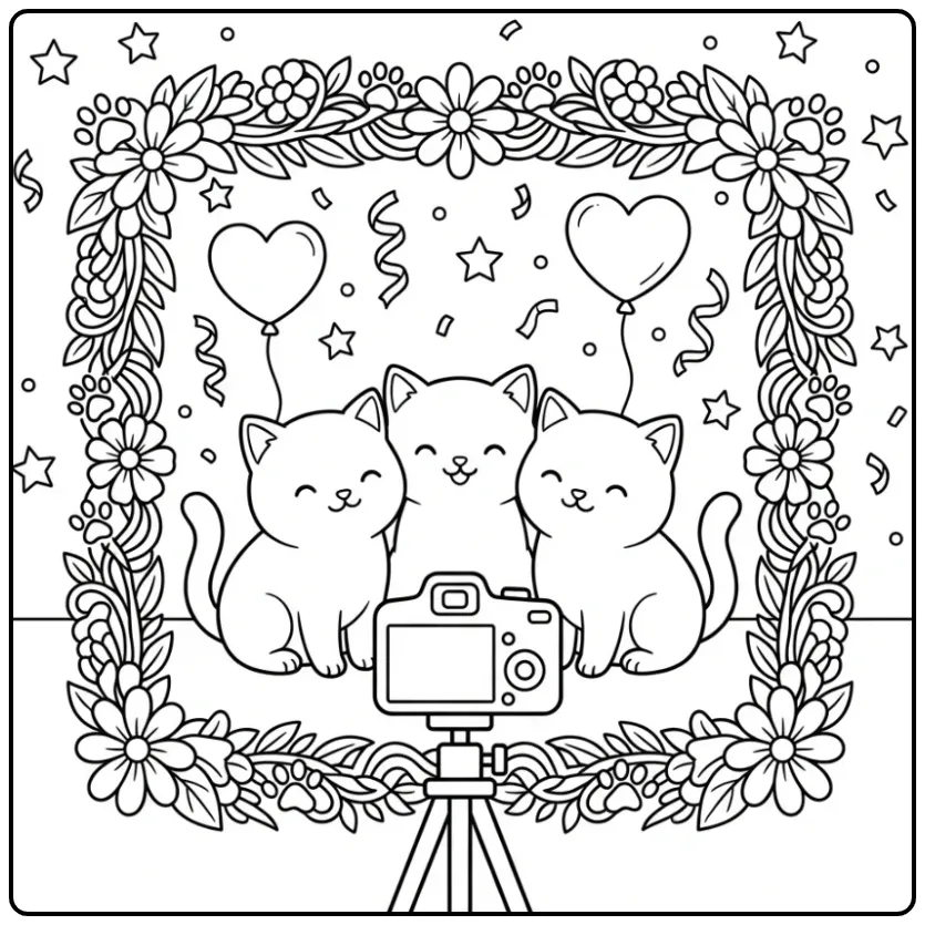 Cheerful Cute Kittens in a Photo Studio coloring page