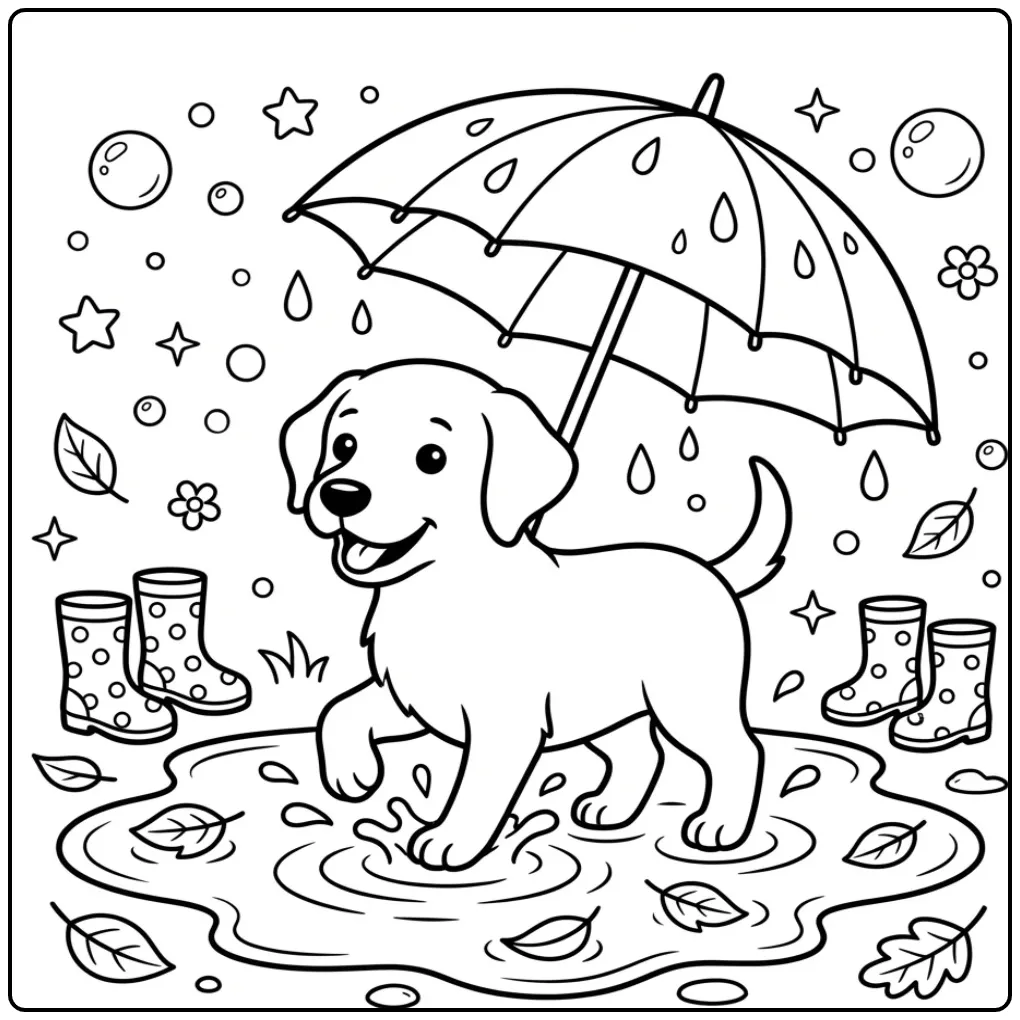 Cheerful Cute Puppy in a Rain Puddle coloring page