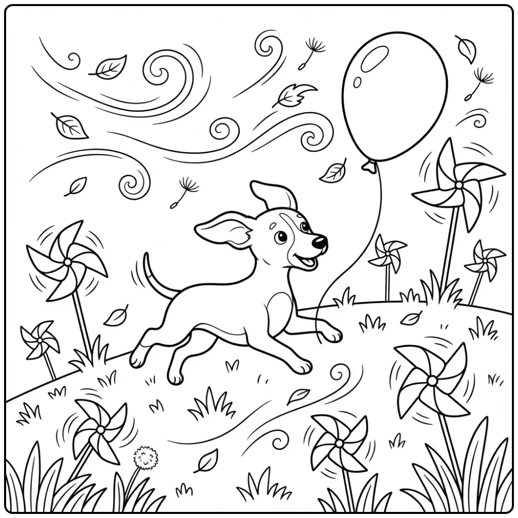 Cheerful Cute Puppy with Windmills coloring page