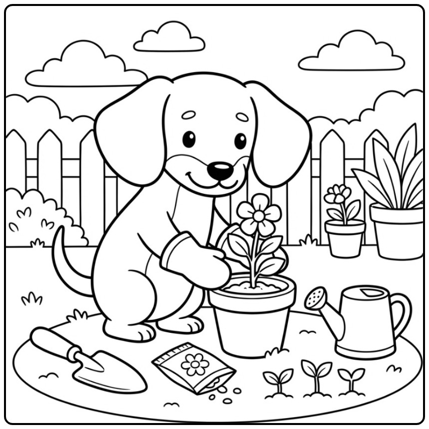 Cheerful Dachshund Gardening in the Backyard coloring page