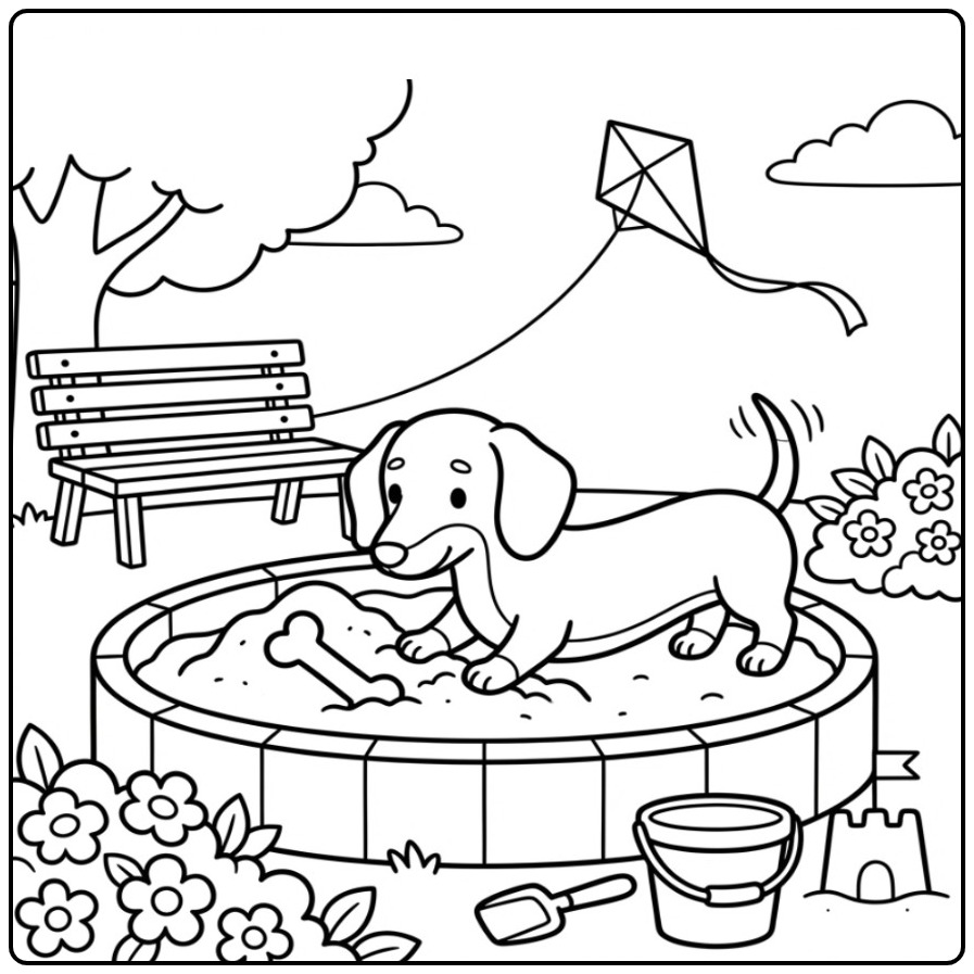 Cheerful Dachshund in the Playground with a Kite coloring page