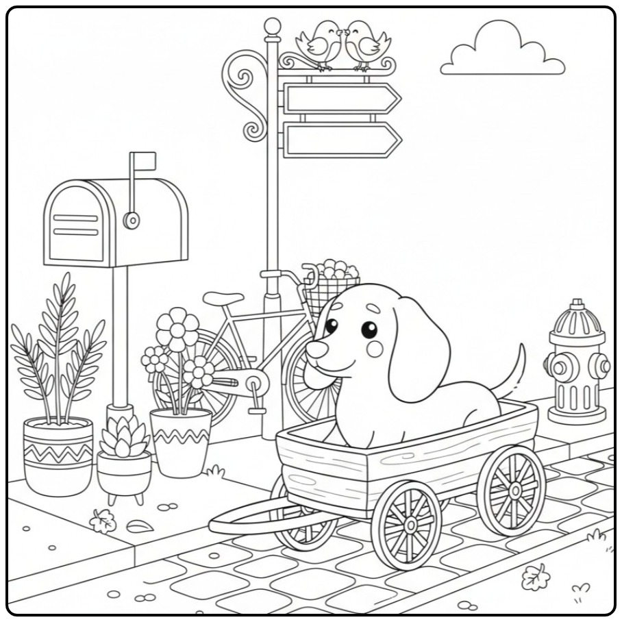 Cheerful Dachshund with Bicycle and a Mailbox coloring page