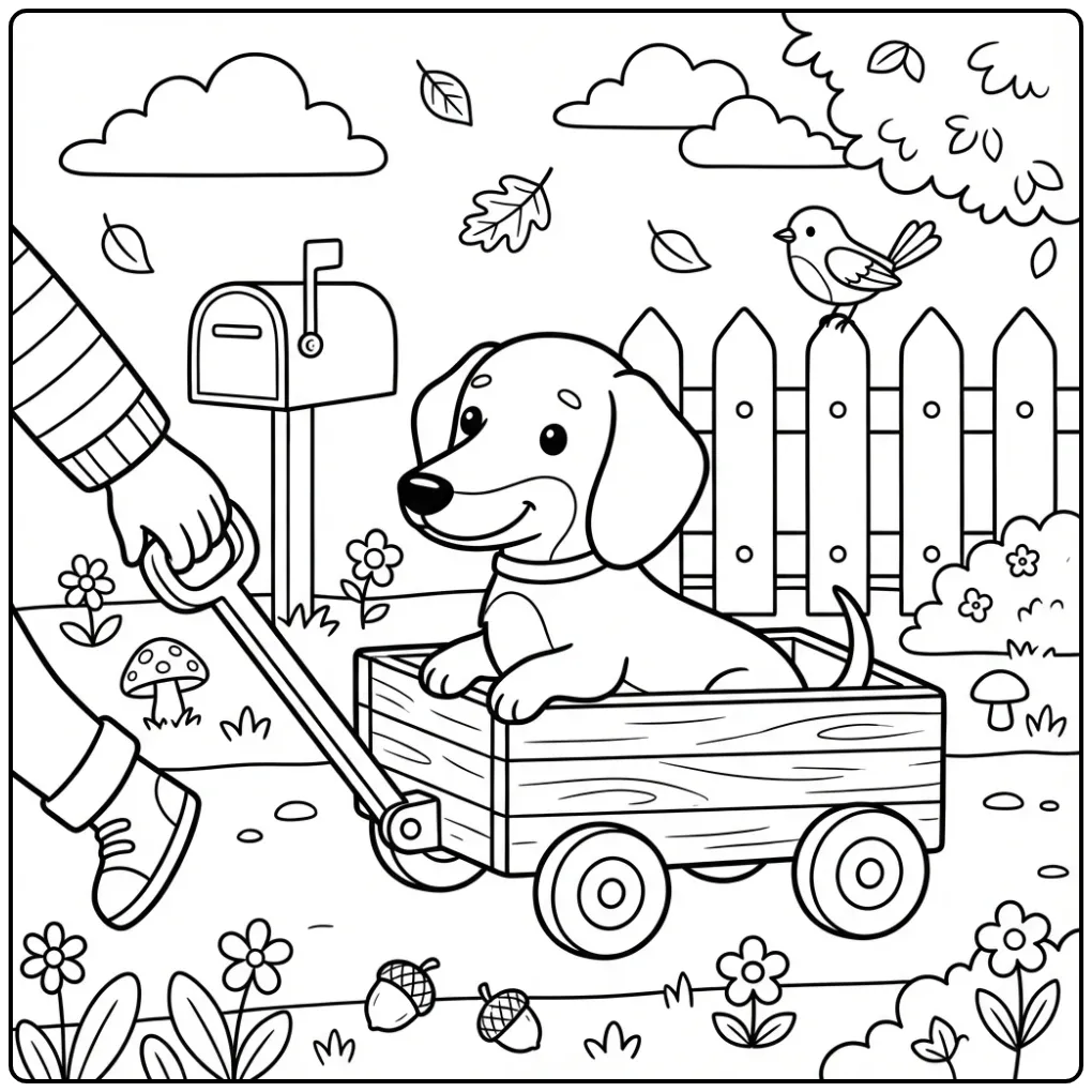 Cheerful Dachshund Puppy in a Wagon with Bird coloring page
