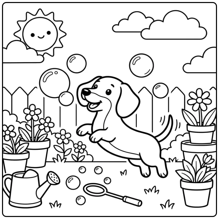 Cheerful Dachshund Puppy with Bubble Blowing coloring page