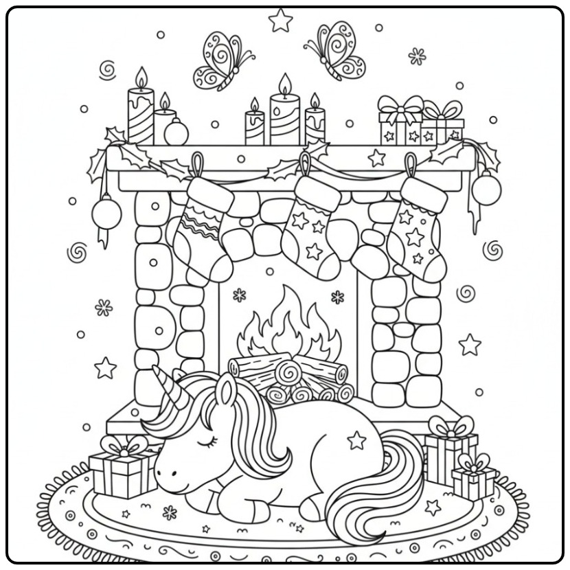 Cheerful Unicorn and Butterflies Christmas Magic with the Open Fireplace coloring page