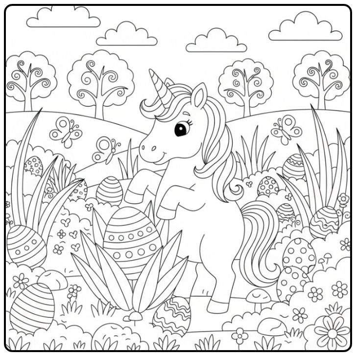 Cheerful Unicorn and Butterflies with Easter Eggs Hidden coloring page