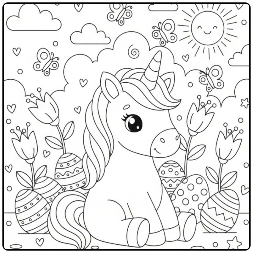 Cheerful Unicorn and Butterflies Easter for Creative Kids coloring page